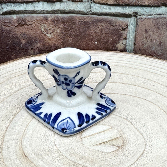 Vtg Mini Handpainted Delft Blue Ceramic Taper Candlestick Holder DBL Crown Mark - Picture 4 of 7